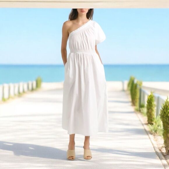 J. Crew Women’s XS White Smocked Cotton Poplin One Shoulder Dress BR403 Pockets - Picture 1 of 12